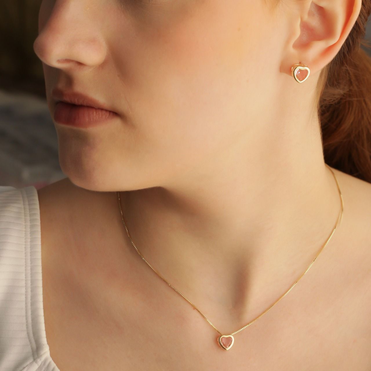 CONJUNTO CORAÇÃO PEDRA ROSA CLARO