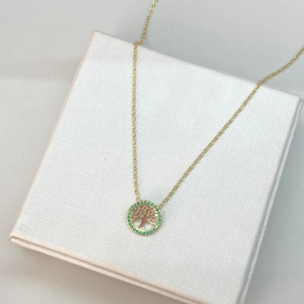 COLAR ÁRVORE DA VIDA PEDRA VERDE CORRENTE PORTUGUESA BANHADO A OURO 18K