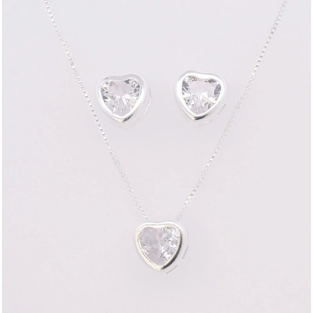 CONJUNTO CORAÇÃO PEDRA CRISTAL PRATA