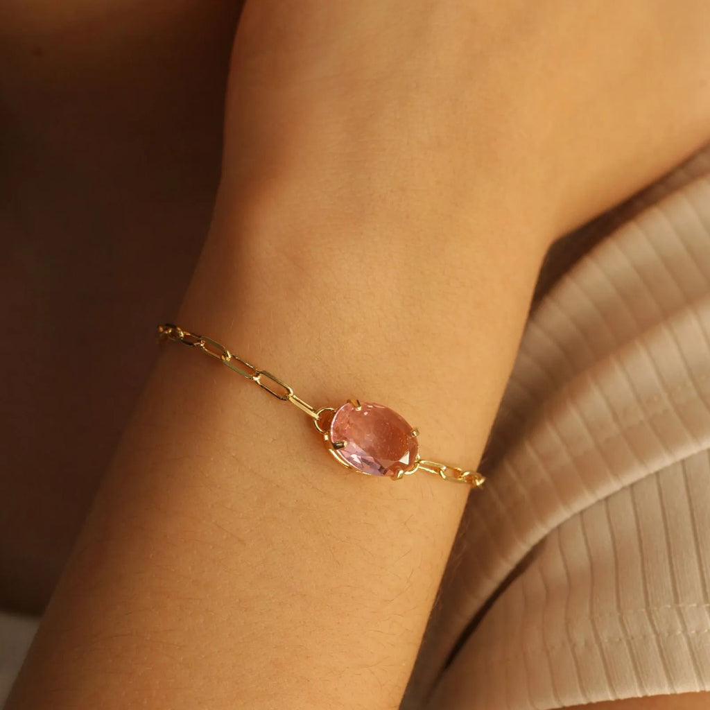 PULSEIRA ELOS CARTIER PEDRA OVAL ROSA BANHADA A OURO 18K